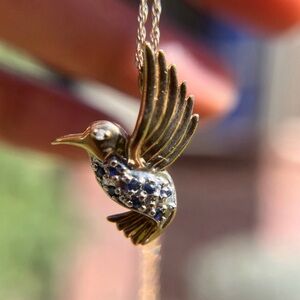 14k & 10k Gold Hummingbird Pendant Necklace with Diamond and blue spinel